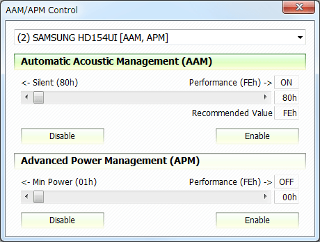 CrystalDiskInfo window showing AAM and APM sliders for supported disks